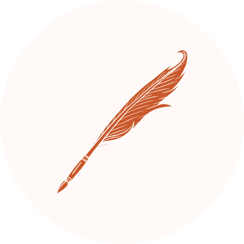 Circular icon on a periwinkle background featuring a line-drawn quill pen in terracotta orange.