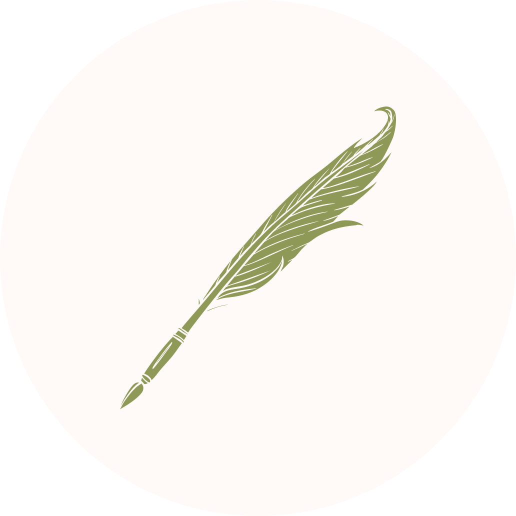 Circular icon on a periwinkle background featuring a line-drawn quill pen in sage green.