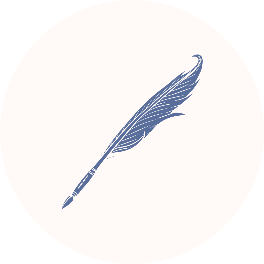 Circular icon on a periwinkle background featuring a line-drawn quill pen in navy blue.